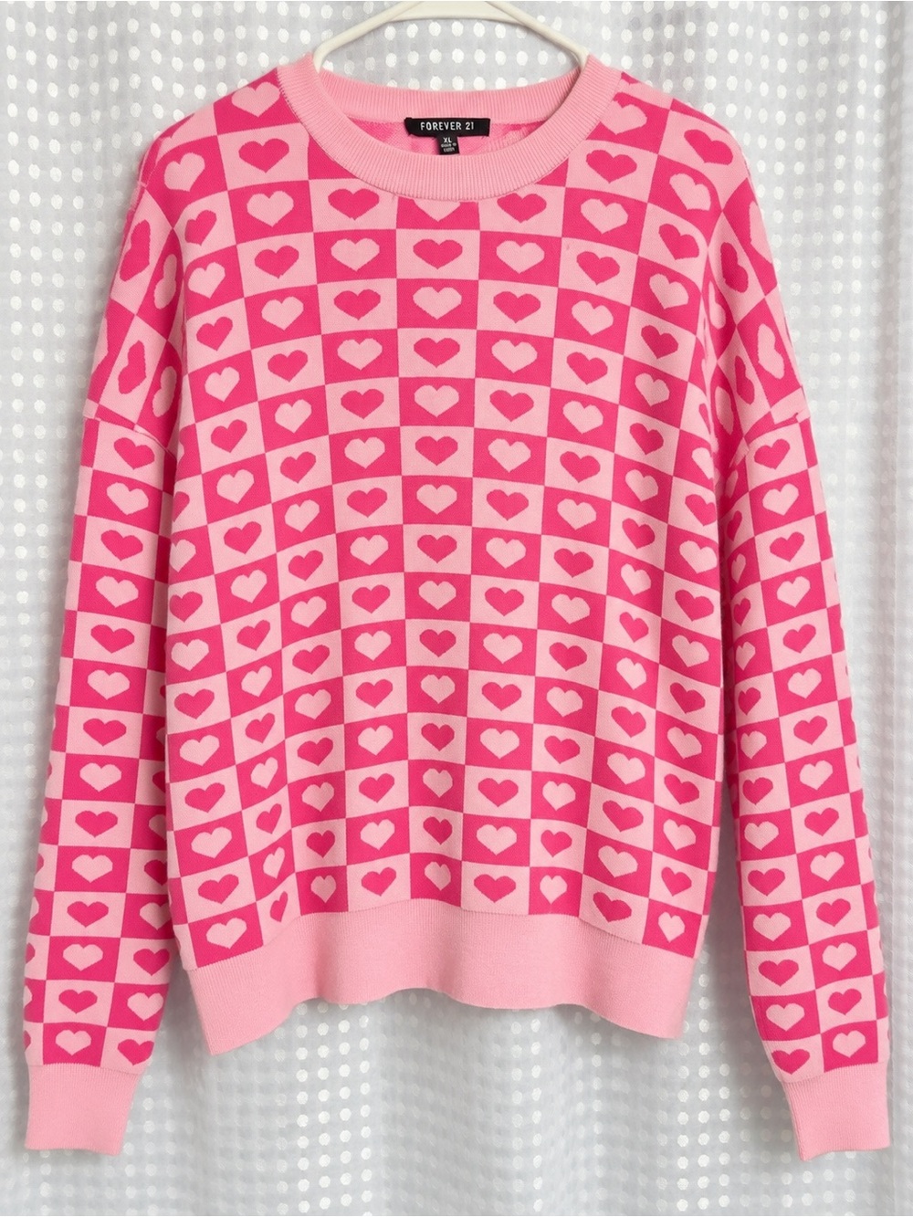 Forever 21 Pink Heart-Check Crewneck Sweater